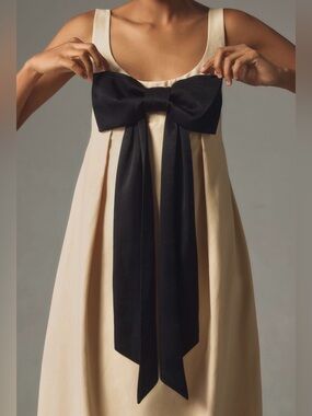 Anthropologie Maeve Bow Barrel Column Midi Dress Neutral Black Bow Size M